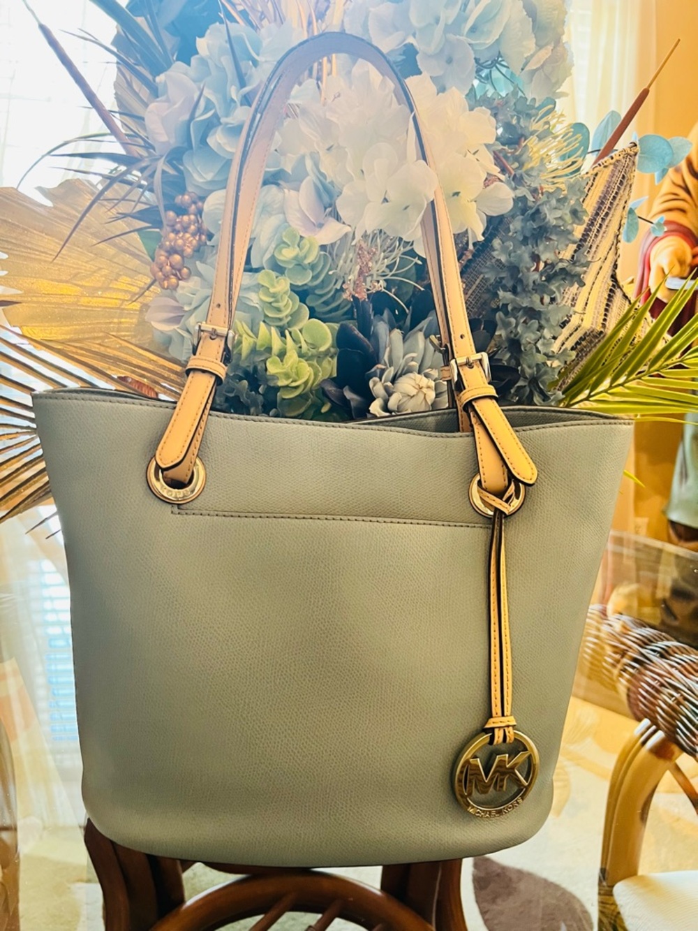 Michael Kors Light BlueTote with Tan Shoulder Straps and Gold MK Charm.     GUC